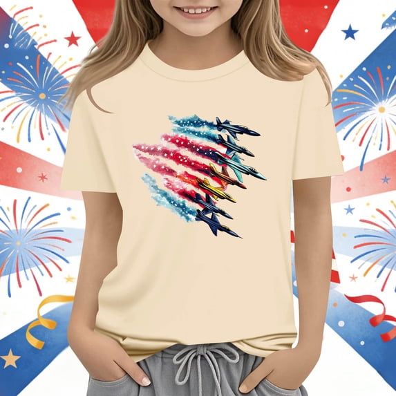 ITSAME Girls 4th of July T-Shirts Crewneck Short Sleeve Tops Independence Day Patriotic Graphic Tees Khaki Size 5-6
