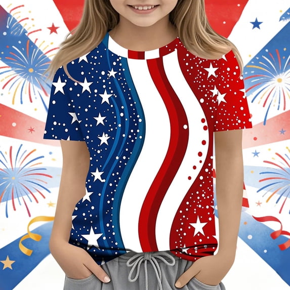 ITSAME Girls 4th of July T-Shirts Crewneck Short Sleeve Tops Independence Day Patriotic Graphic Tees Light Blue Size 7-8
