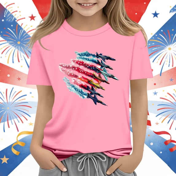 ITSAME Girls 4th of July T-Shirts Crewneck Short Sleeve Tops Independence Day Patriotic Graphic Tees Pink Size 11-12