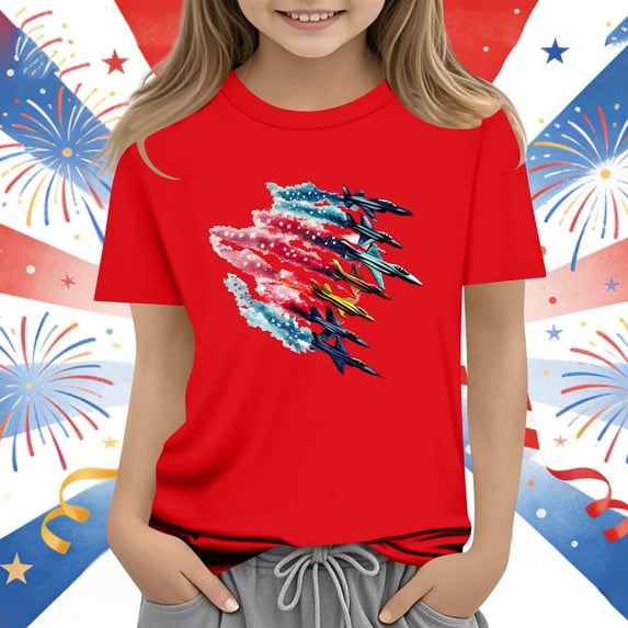 ITSAME Girls 4th of July T-Shirts Crewneck Short Sleeve Tops Independence Day Patriotic Graphic Tees Red Size 11-12