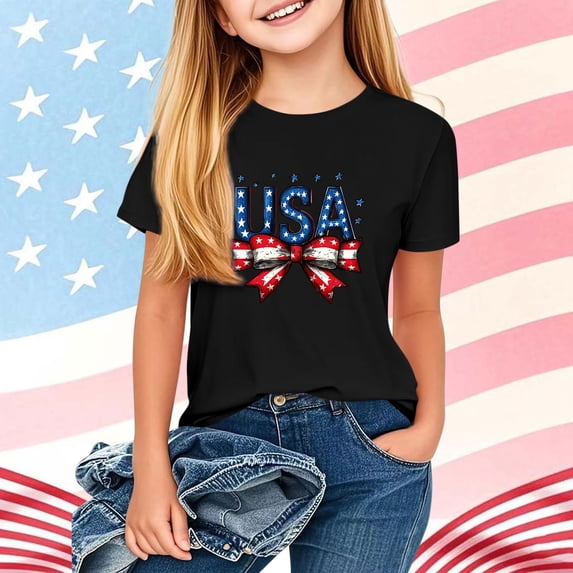 ITSAME Girls 4th of July T-Shirts Patriotic Crewneck Tops Independence Day USA Graphic Tees Black Size 3-4