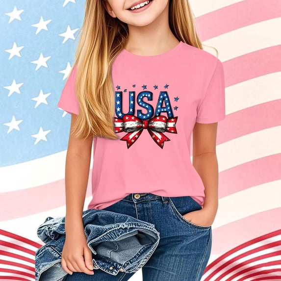 ITSAME Girls 4th of July T-Shirts Patriotic Crewneck Tops Independence Day USA Graphic Tees Pink Size 12-13