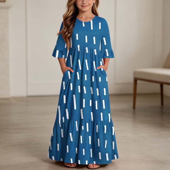 ITSAME Girls A-Line Dress Crew Neck 3/4 Sleeve Flowy Ruffle Summer Casual Fashion Printed Dress Blue Size 12
