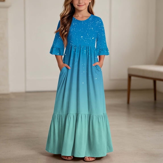 ITSAME Girls A-Line Dress Gradient Print Crew Neck Flowy Ruffle 3/4 Sleeve Summer Casual A-Line Dress Light Blue Size 14