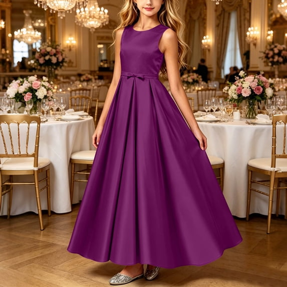 ITSAME Girls A-Line Formal Dress Sleeveless Round Neck Waist-Cinching Bridesmaid Wedding Party Pageant Gown Dark Blue Size 4T