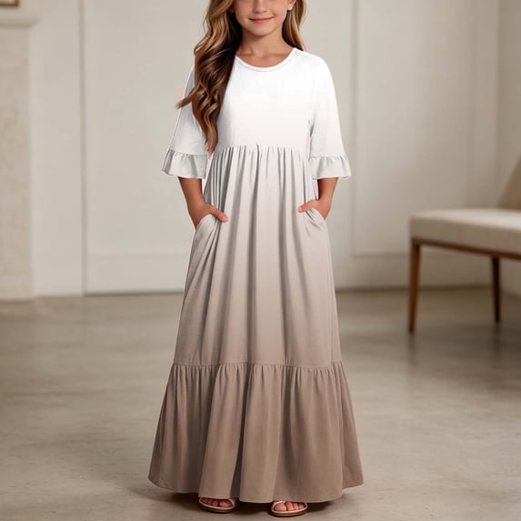ITSAME Girls A-Line Maxi Dress Flowy Ruffle 3/4 Sleeve Round Neck Gradient Print Summer Fashion Casual Dress Khaki Size 12