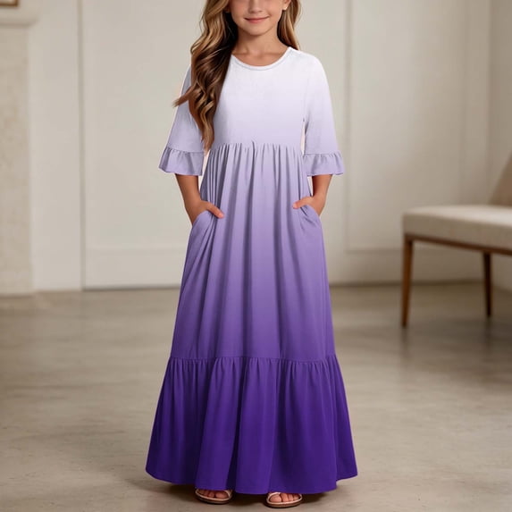 ITSAME Girls A-Line Maxi Dress Flowy Ruffle 3/4 Sleeve Round Neck Gradient Print Summer Fashion Casual Dress Purple Size 8