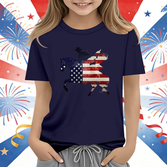 ITSAME Girls American Flag Graphic Tee 4th of July Crewneck Tops Independence Day Patriotic T-Shirts Navy Size 7-8