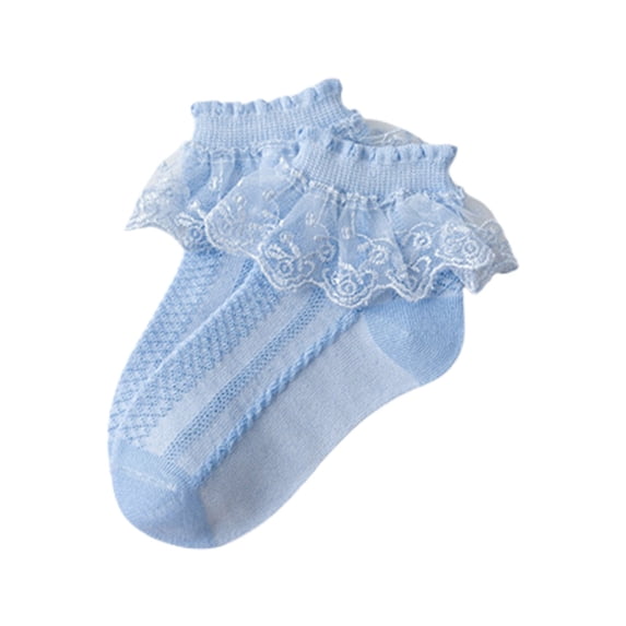 ITSAME Girls Ankle Socks, Lace Ruffle Comfortable Cotton Mesh Breathable Sweet Princess Dance Socks Blue 7-10T