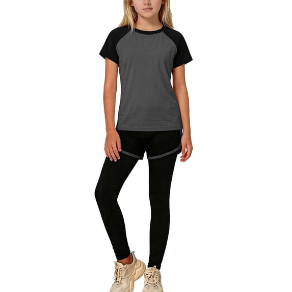 ITSAME Girls Athletic Outfit 3-Piece, Crewneck Shirt with Shorts and Pants School Uniform Kids Quick-Dry Sport Set Dark Gray 7-8T
