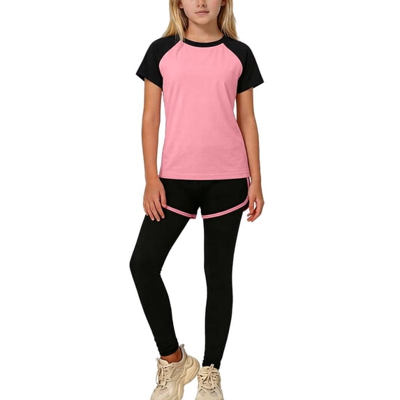 ITSAME Girls Athletic Outfit 3-Piece, Crewneck Shirt with Shorts and Pants School Uniform Kids Quick-Dry Sport Set Watermelon Red 7-8T