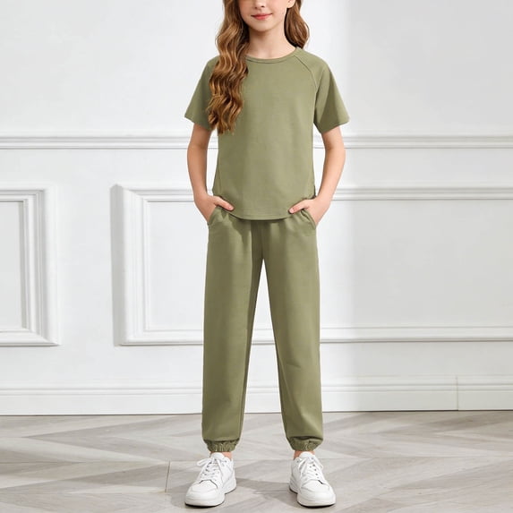 ITSAME Girls Athletic Outfit Set Cotton T-Shirt&Tapered Pants Outdoor Active Clothes 2-Piece Army Green Size 7-8