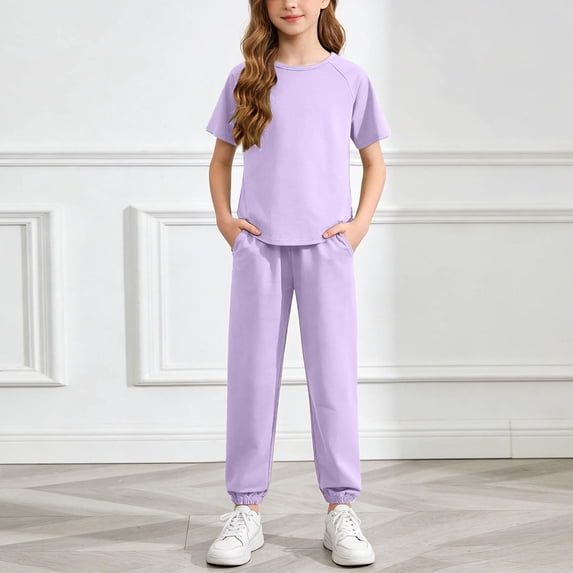 ITSAME Girls Athletic Outfit Set Cotton T-Shirt&Tapered Pants Outdoor Active Clothes 2-Piece Purple Size 6-7