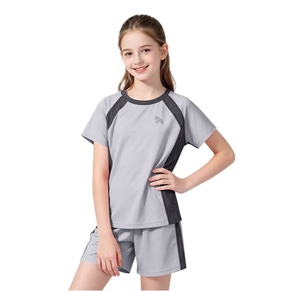 ITSAME Girls Athletic Outfits 2-Piece Color Block T-Shirt & Shorts Quick-Dry Summer Outdoor Sport Set Gray Size 3-4