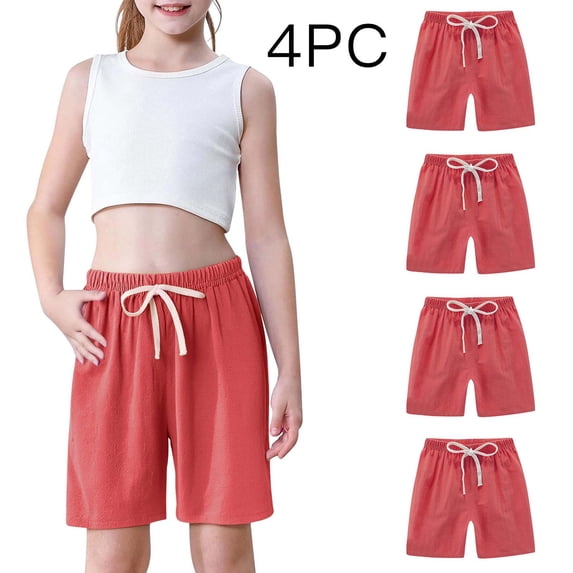 ITSAME Girls Athletic Shorts 4-Piece, Cotton Linen Lightweight Elastic Waist Summer Fashion Casual Shorts Red 2T