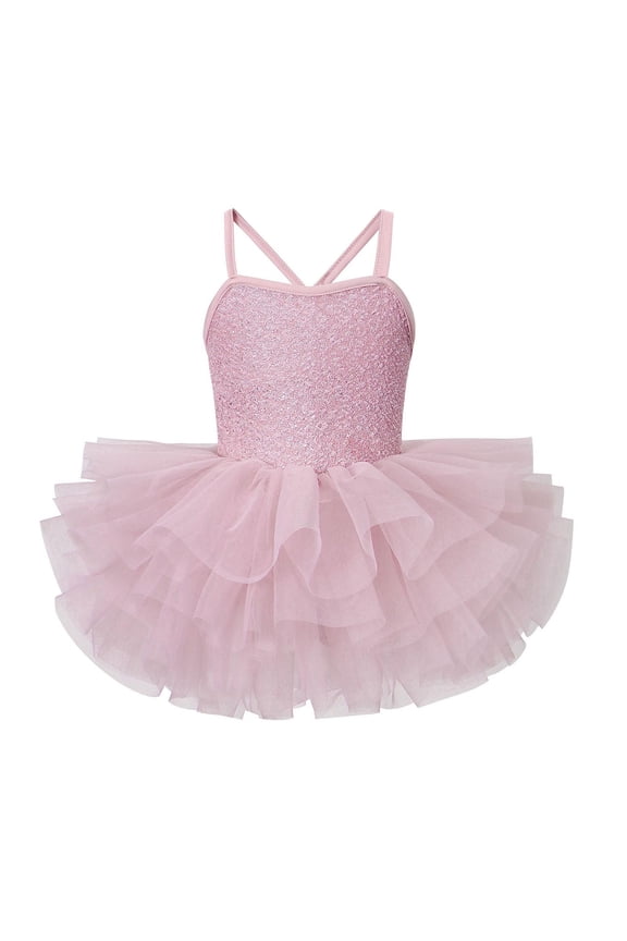 Girls Ballet Dance Dress, Spaghetti Strap Puffy Tulle Leotards Kids Fashion Shiny Ballet Tutu Dress Pink 5-6T