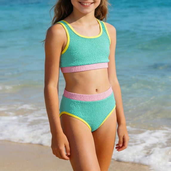 ITSAME Girls Bikini Swimwear 2-Piece, Quick-Dry Color Blocking with Chest Pad Summer Trendy Seaside Bathing Suit Set Mint Green 11-12T