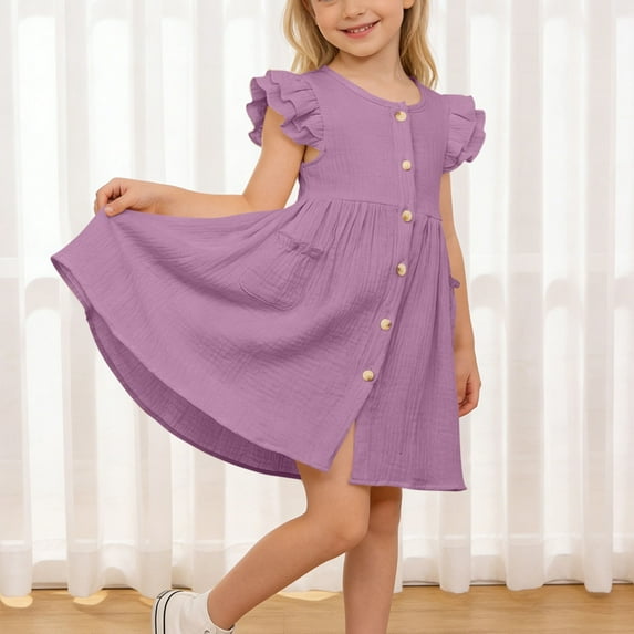 ITSAME Girls Button Down Dresses, Cotton Ruffle Sleeveless Casual Comfortable Dress Purple 4-5T