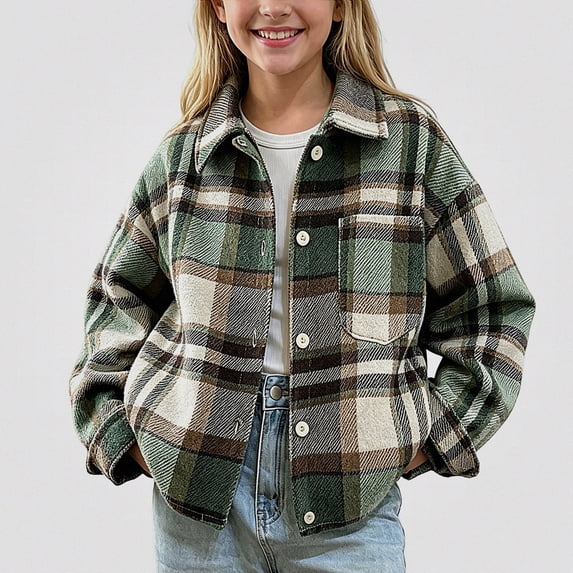 ITSAME Girls Button Down Shacket Lapel Long Sleeve Jacket Plaid Print Comfort Casual Outerwear with Chest Pocket Size 11