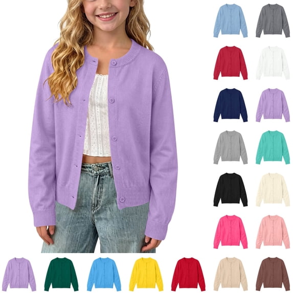 ITSAME Girls Button Down Shirts Knit Cotton Crew Neck Long Sleeve Cardigan Kids Soft Comfy Tops Green Size 7