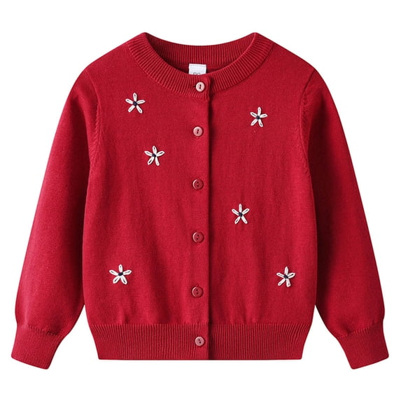 ITSAME Girls Button Down Sweater Round Neck Long Sleeve Knit Cotton Kids Loose Comfy Cardigan Red Size 12