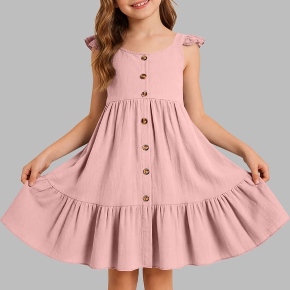 ITSAME Girls Button Up Dress, Waist-Cinching Ruffled Sleeveless Loose Fit Kids Fashion Casual A-Line Dress Pink 2-3T