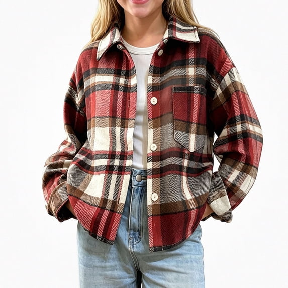 ITSAME Girls Button Up Shirt Jacket Plaid Print Lapel Long Sleeve Fall Casual Outerwear with Chest Pocket Size 7