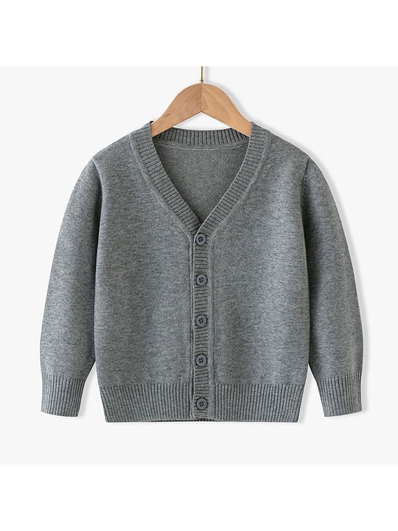 Girls Button Up Sweater Stertchy Knit Cotton V-Neck Long Sleeve Fall Winter Comfy Cardigan Gray Size 4T