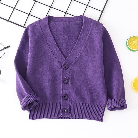 ITSAME Girls Cardigan with Button Knit Cotton V-Neck Long Sleeve Kids Casual Comfy Sweater Purple Size 4T