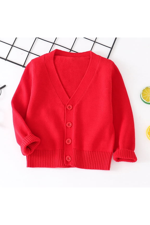 Girls Cardigan with Button Knit Cotton V-Neck Long Sleeve Kids Casual Comfy Sweater Red Size 7