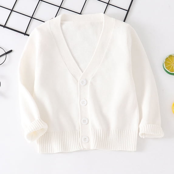ITSAME Girls Cardigan with Button Knit Cotton V-Neck Long Sleeve Kids Casual Comfy Sweater White Size 5T