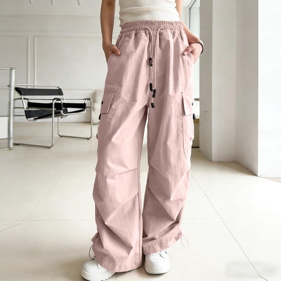 ITSAME Girls Cargo Pants, Stretchy Waist Cotton Loose Fit Kids Full Length Pants with Multi-Pocket Pink Size 11-12