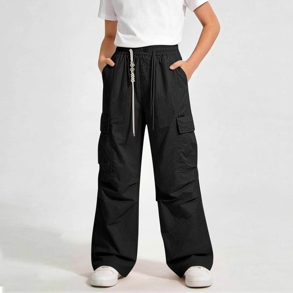 ITSAME Girls Cargo Pants Wide Leg Multi-Pocket Elastic Waist Kids Loose Casual Pants Black Size 7-8
