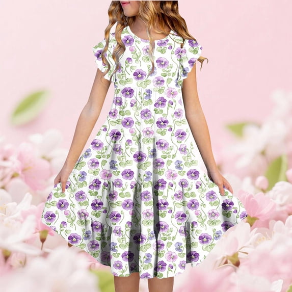 ITSAME Girls Casual Dress, Pockets Short Sleeve Ruffled Crewneck Summer Fashionable A-Line Printed Dress Multicolor 12-13T