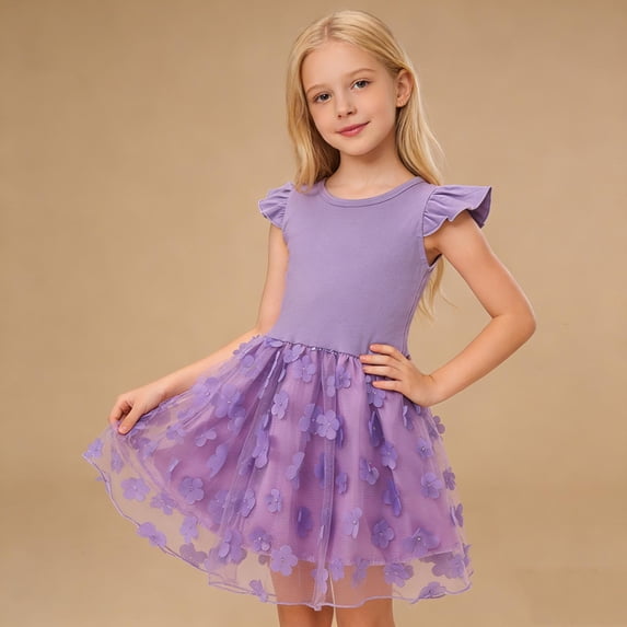 ITSAME Girls Casual Dress, Round Neck Floral Print Ruffled Sleeveless Summer Fashion Princess Tulle Dresses Purple 5-6T
