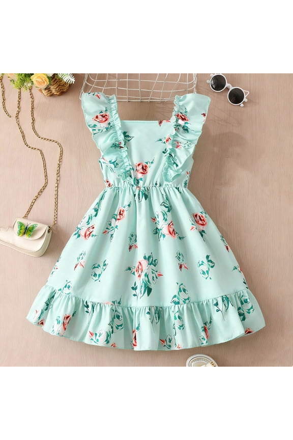 Girls Casual Dresses, Floral Print Ruffle Sleeve Loose Fit Summer Stylish Lightweight Dress Mint Green 4-5T