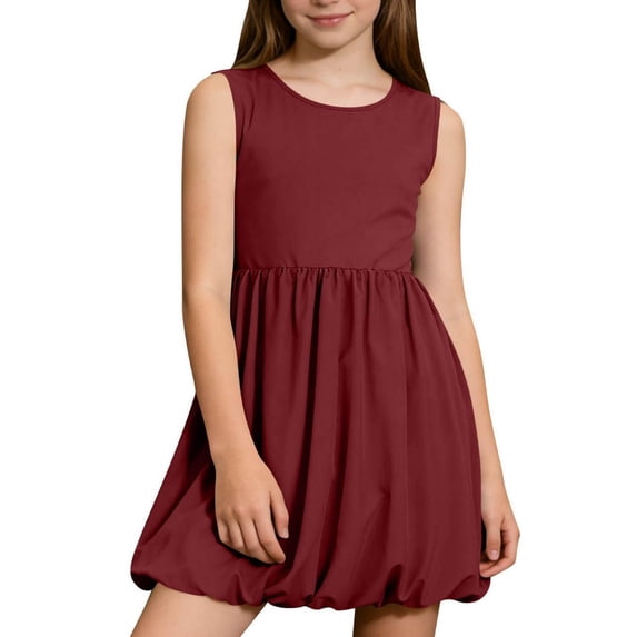 ITSAME Girls Casual Dresses, Round Neck Off the Shoulder with Pockets Summer Fashion Sleeveless A-Line Dress Wine 11-12T