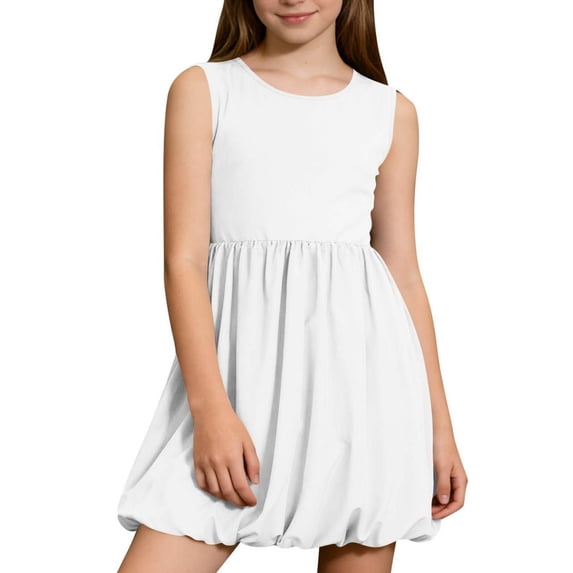 ITSAME Girls Casual Dresses, Round Neck with Pockets Off the Shoulder Summer Fashion Sleeveless A-Line Dress White 5-6T