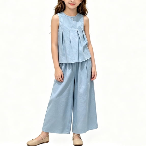 ITSAME Girls Cotton Outfit Sets Pleated Tank and Wide Leg Pants Summer Casual Clothes 2-Piece Blue Size 11-12