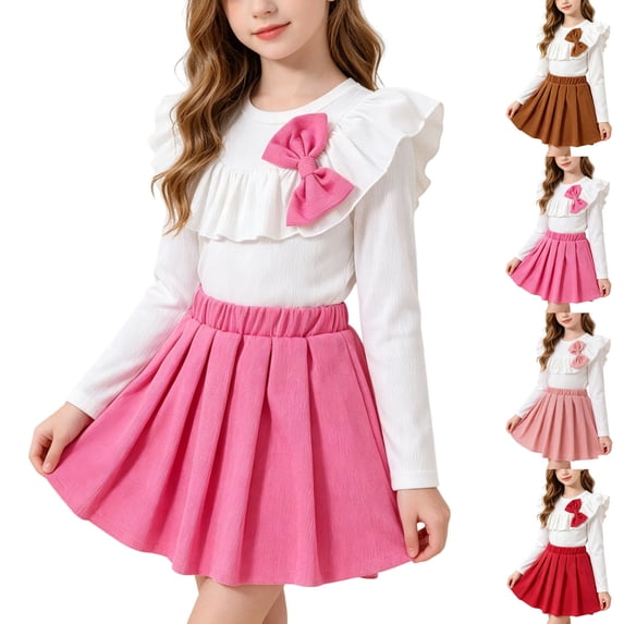 ITSAME Girls Cotton Outfits 2-Piece Bow Ruffle Long Sleeve Top & Pleated Skirt Fashion Comfy Set Coffee Size 4T