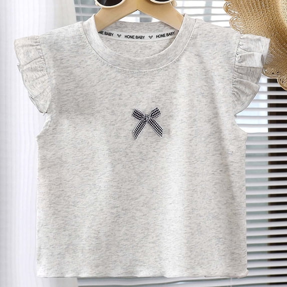 ITSAME Girls Cotton T-Shirt, Ruffled Sleeve Cute Bow Round Neck Summer Fashion Casual Tops Gray Size 4-5T