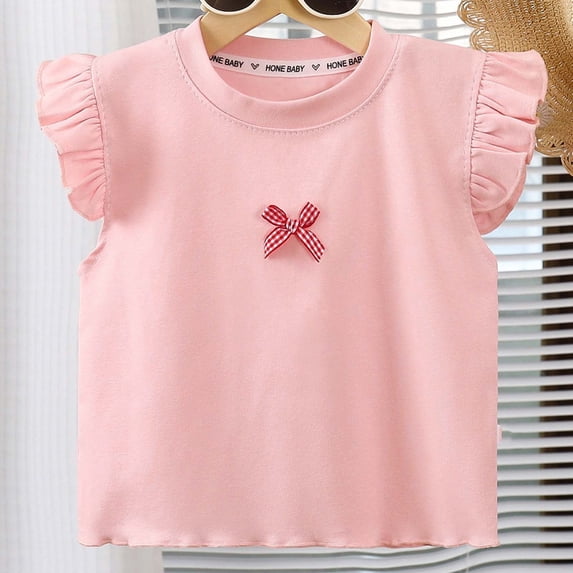 ITSAME Girls Cotton T-Shirt, Ruffled Sleeve Round Neck Cute Bow Summer Fashion Casual Tops Pink Size 6-7T