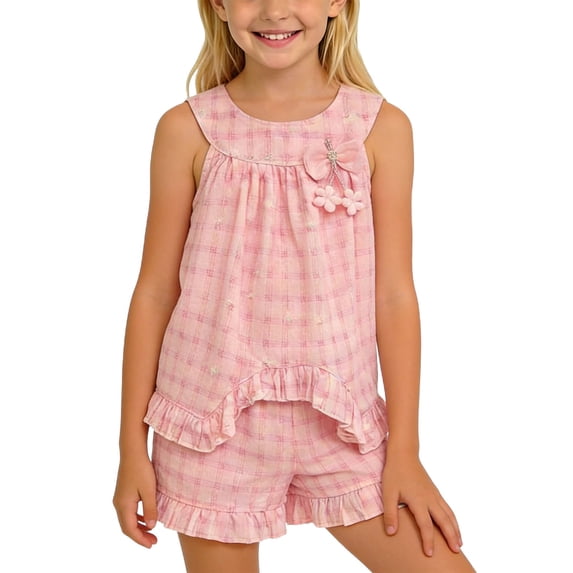 ITSAME Girls Crewneck Ruffle Tank and Shorts Set 2-Piece Plaid Print Summer Casual Clothes Outfits Pink Size 2-3