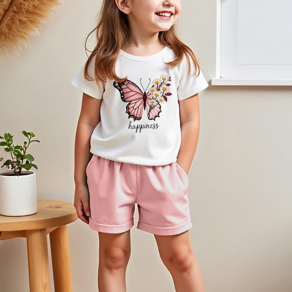 ITSAME Girls Crewneck Short Sleeve Print T-Shirt and Elastic Waist Shorts Sets, Cotton Loungewear Summer Stylish Casual Outfit Sets 2-Piece Pink 4T