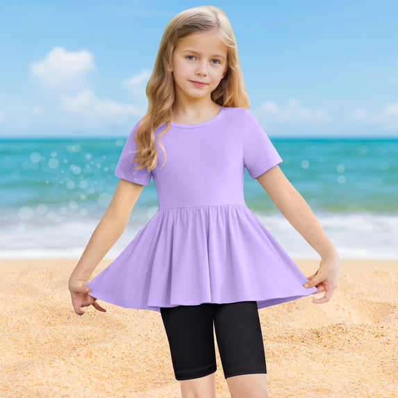ITSAME Girls Crewneck Short Sleeve Ruffle Top and Legging Shorts Sets, Lightweight Summer Fashion Casual Outfit Sets 2-Piece Purple 8T