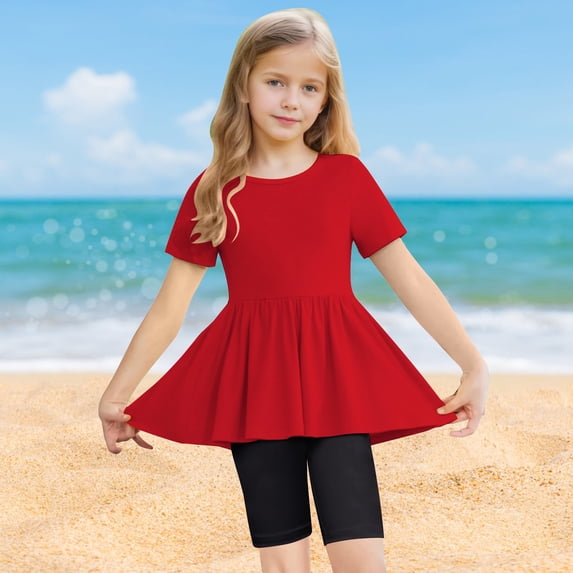 ITSAME Girls Crewneck Short Sleeve Ruffle Top and Legging Shorts Sets, Lightweight Summer Fashion Casual Outfit Sets 2-Piece Red 10T