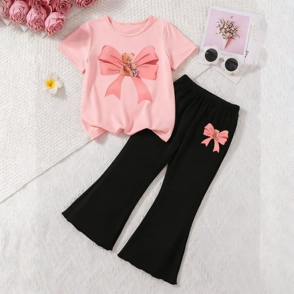 ITSAME Girls Crewneck Short Sleeve T-Shirt and Flared Elastic Waist Pants Sets, Bow Print Casual Fashion Outfit Sets 2-Piece Pink 7-8T