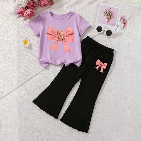 ITSAME Girls Crewneck Short Sleeve T-Shirt and Flared Elastic Waist Pants Sets, Bow Print Casual Fashion Outfit Sets 2-Piece Purple 7-8T