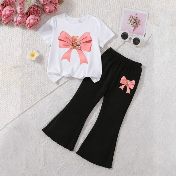 ITSAME Girls Crewneck Short Sleeve T-Shirt and Flared Elastic Waist Pants Sets, Bow Print Casual Fashion Outfit Sets 2-Piece White 6-7T