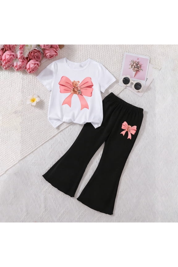 Girls Crewneck Short Sleeve T-Shirt and Flared Elastic Waist Pants Sets, Bow Print Casual Fashion Outfit Sets 2-Piece White 6-7T
